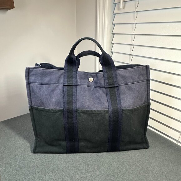 🖤 HERMÈS FOULE MM TOTE - BLACK NAVY HANDBAG 🖤 - Picture 1 of 13